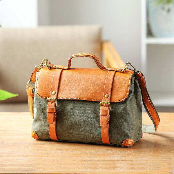 Vintage Canvas and Leather Messenger Bag for Women Retro Satchel Crossbody Casual