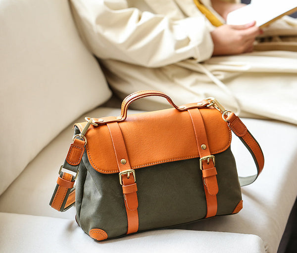 Vintage Canvas and Leather Messenger Bag for Women Retro Satchel Crossbody Chic