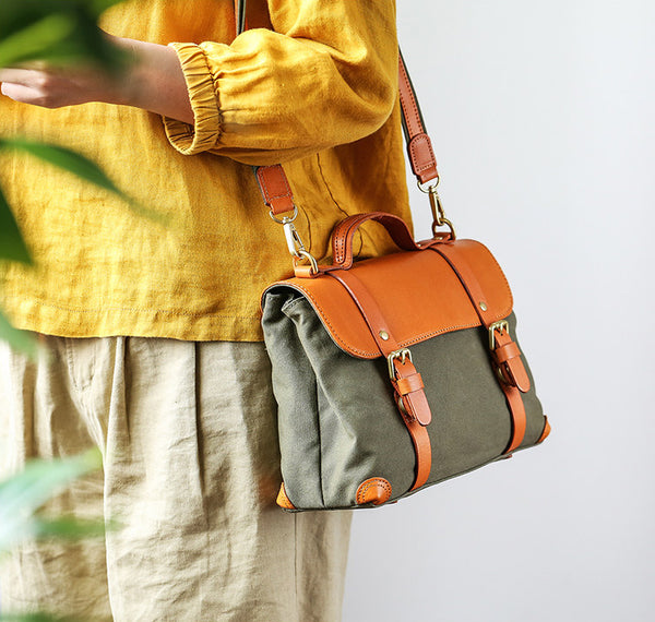 Vintage Canvas and Leather Messenger Bag for Women Retro Satchel Crossbody Classy