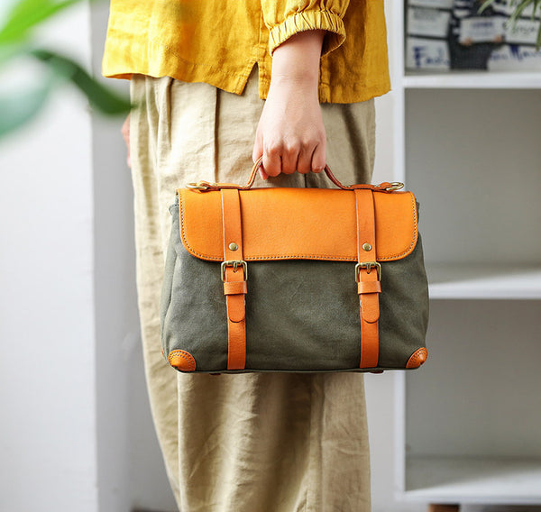 Vintage Canvas and Leather Messenger Bag for Women Retro Satchel Crossbody Cute