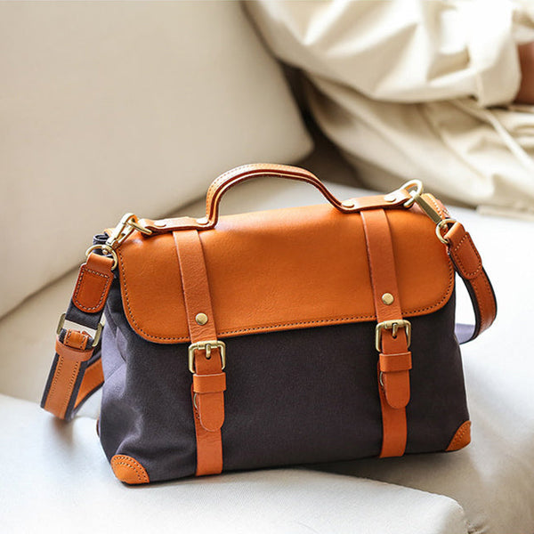Canvas Leather Crossbody Bag for Women Casual Satchel Fits 10" Tablet