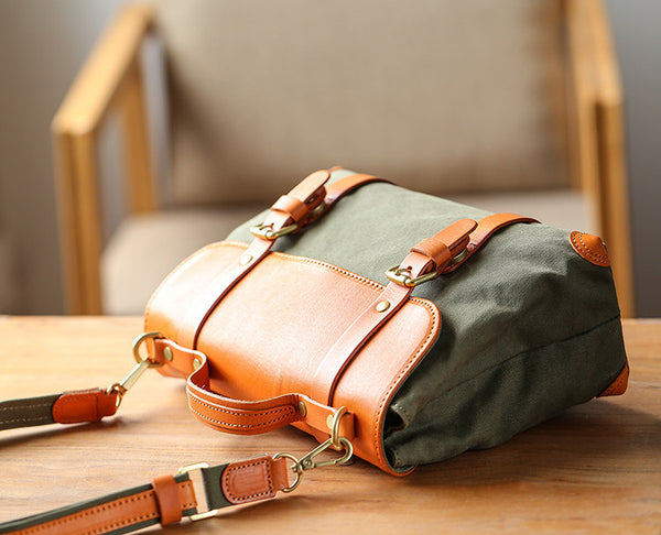 Vintage Canvas and Leather Messenger Bag for Women Retro Satchel Crossbody Fashion