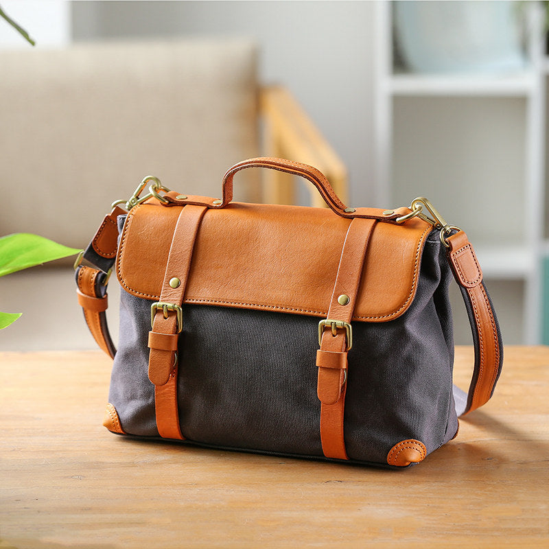 Vintage Canvas and Leather Messenger Bag for Women Retro Satchel Crossbody Fashionable