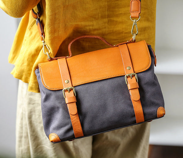 Vintage Canvas and Leather Messenger Bag for Women Retro Satchel Crossbody Front