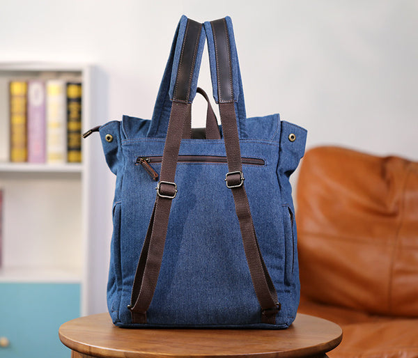 Vintage Denim Backpack for Women Patchwork Canvas Laptop Bag with Leather Details Back