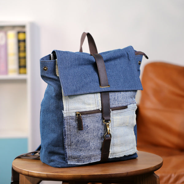 Vintage Denim Backpack for Women Patchwork Canvas Laptop Bag with Leather Details Beautiful