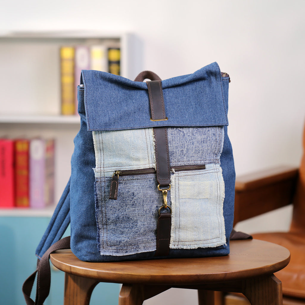 Vintage Denim Backpack for Women Patchwork Canvas Laptop Bag with Leather Details Casual
