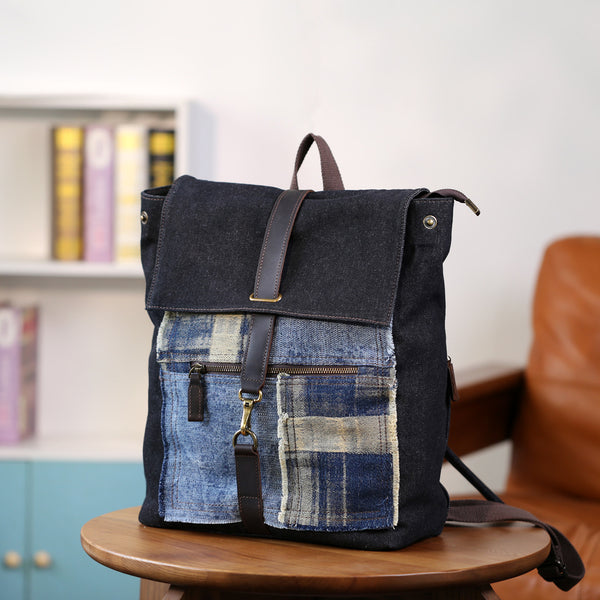 Vintage Denim Backpack for Women Patchwork Canvas Laptop Bag with Leather Details Classic