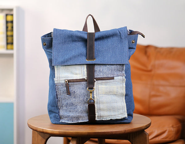 Vintage Denim Backpack for Women Patchwork Canvas Laptop Bag with Leather Details Classy
