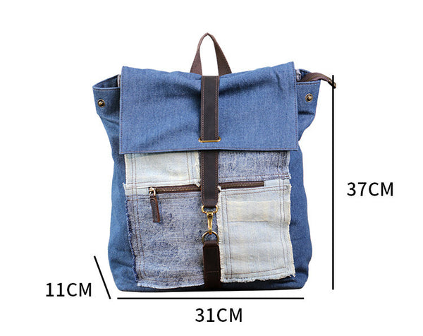 Vintage Denim Backpack for Women Patchwork Canvas Laptop Bag with Leather Details Cool