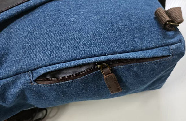 Vintage Denim Backpack for Women Patchwork Canvas Laptop Bag with Leather Details Details