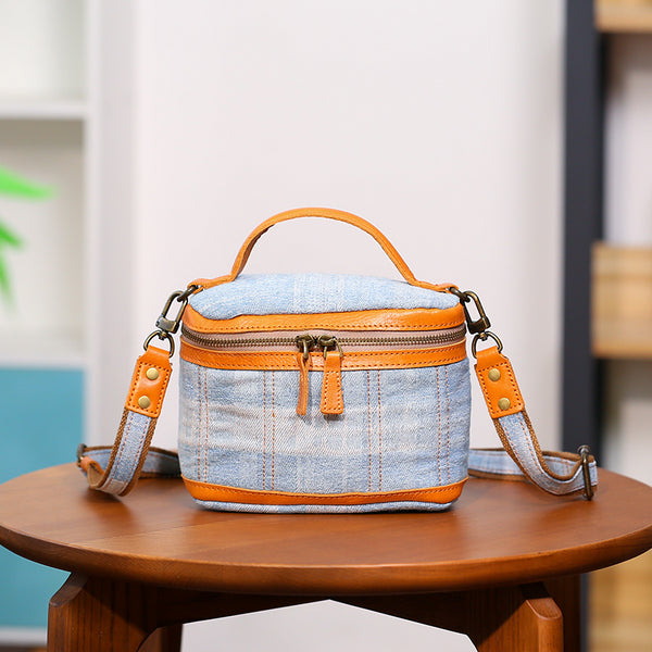 Vintage Denim Crossbody Bag for Women Box Shape Canvas Shoulder Bag with Leather Trim Accessories