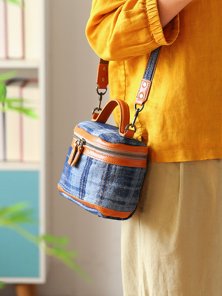 Vintage Denim Crossbody Bag for Women Box Shape Canvas Shoulder Bag with Leather Trim Beautiful