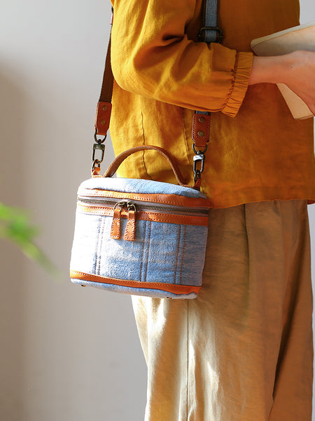 Vintage Denim Crossbody Bag for Women Box Shape Canvas Shoulder Bag with Leather Trim Best