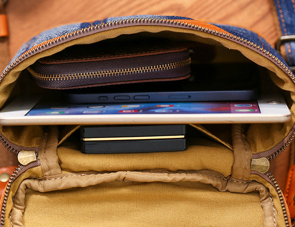 Vintage Denim Crossbody Bag for Women Box Shape Canvas Shoulder Bag with Leather Trim Capacity