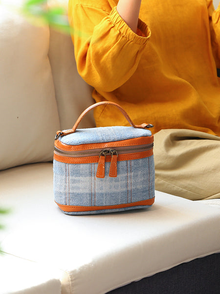 Vintage Denim Crossbody Bag for Women Box Shape Canvas Shoulder Bag with Leather Trim Casual