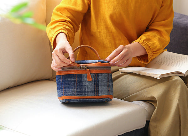 Vintage Denim Crossbody Bag for Women Box Shape Canvas Shoulder Bag with Leather Trim Chic