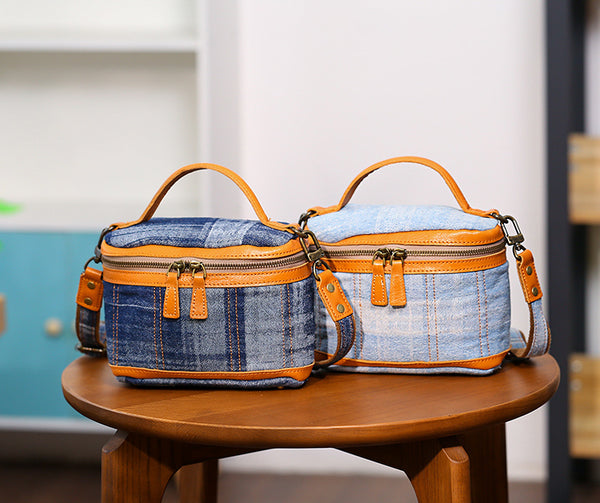 Vintage Denim Crossbody Bag for Women Box Shape Canvas Shoulder Bag with Leather Trim Classy