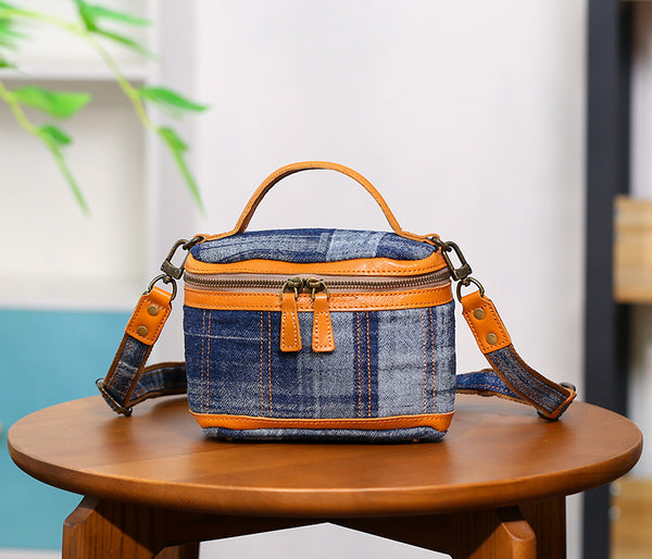 Vintage Denim Crossbody Bag for Women Box Shape Canvas Shoulder Bag with Leather Trim Cool