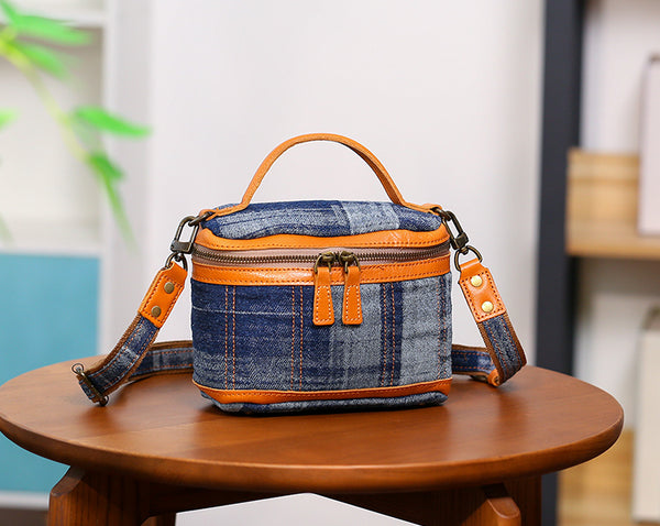 Vintage Denim Crossbody Bag for Women Box Shape Canvas Shoulder Bag with Leather Trim Cute