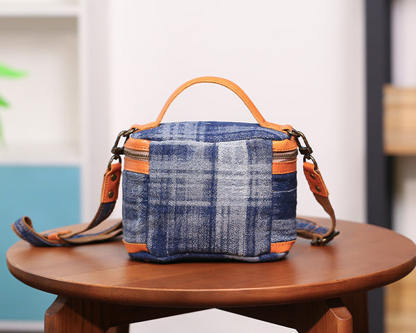Vintage Denim Crossbody Bag for Women Box Shape Canvas Shoulder Bag with Leather Trim Designer
