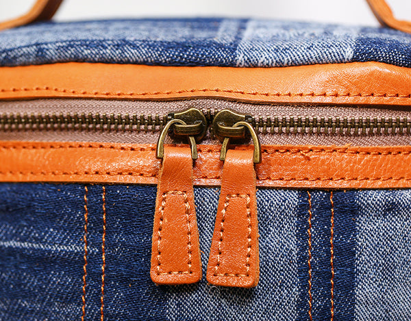 Vintage Denim Crossbody Bag for Women Box Shape Canvas Shoulder Bag with Leather Trim Details