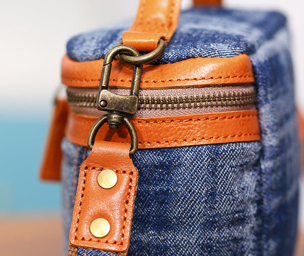 Vintage Denim Crossbody Bag for Women Box Shape Canvas Shoulder Bag with Leather Trim Durable