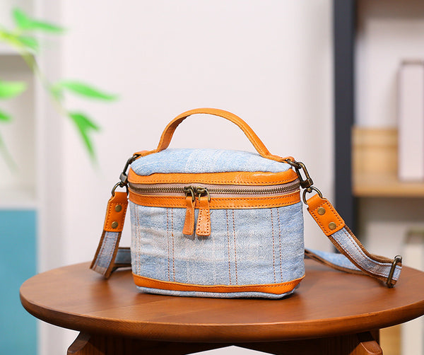 Vintage Denim Crossbody Bag for Women Box Shape Canvas Shoulder Bag with Leather Trim Elegant