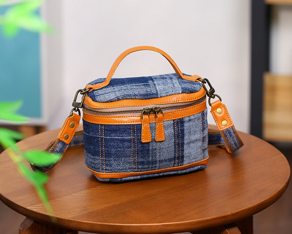 Vintage Denim Crossbody Bag for Women Box Shape Canvas Shoulder Bag with Leather Trim Fashion