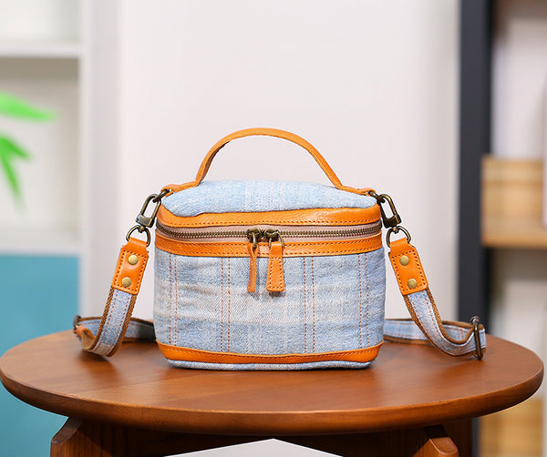 Vintage Denim Crossbody Bag for Women Box Shape Canvas Shoulder Bag with Leather Trim Fashionable