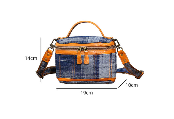 Vintage Denim Crossbody Bag for Women Box Shape Canvas Shoulder Bag with Leather Trim Functional 