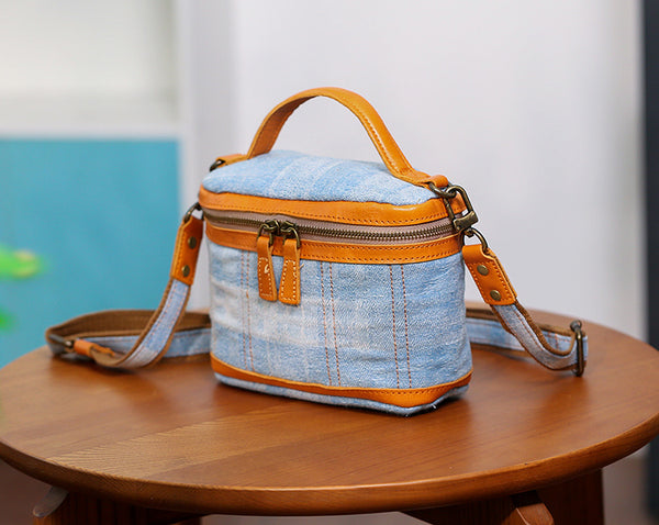 Vintage Denim Crossbody Bag for Women Box Shape Canvas Shoulder Bag with Leather Trim Funky