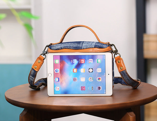 Vintage Denim Crossbody Bag for Women Box Shape Canvas Shoulder Bag with Leather Trim Gift
