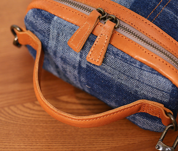 Vintage Denim Crossbody Bag for Women Box Shape Canvas Shoulder Bag with Leather Trim Handmade