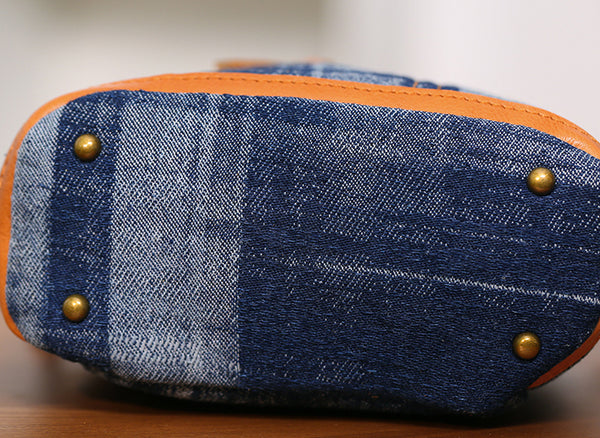 Vintage Denim Crossbody Bag for Women Box Shape Canvas Shoulder Bag with Leather Trim Small