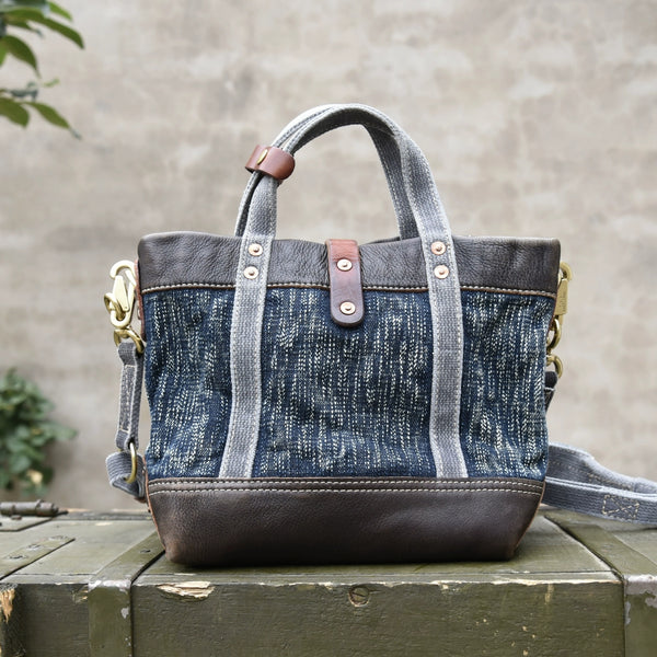 Vintage Denim and Leather Tote Crossbody Bag Washed Canvas Patchwork Small Handbag for Women Badass