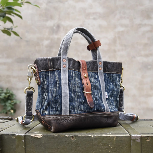 Vintage Denim and Leather Tote Crossbody Bag Washed Canvas Patchwork Small Handbag for Women Beautiful