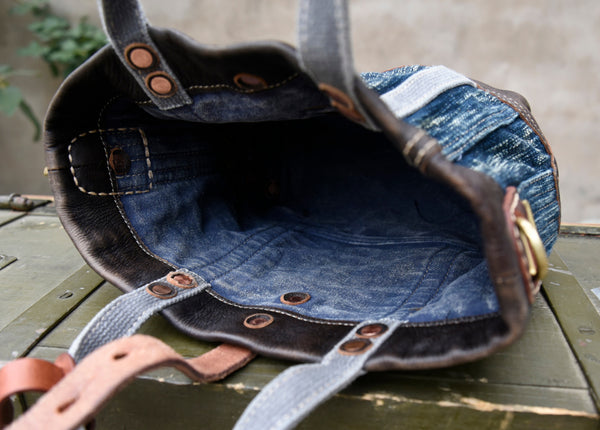 Vintage Denim and Leather Tote Crossbody Bag Washed Canvas Patchwork Small Handbag for Women Capacity