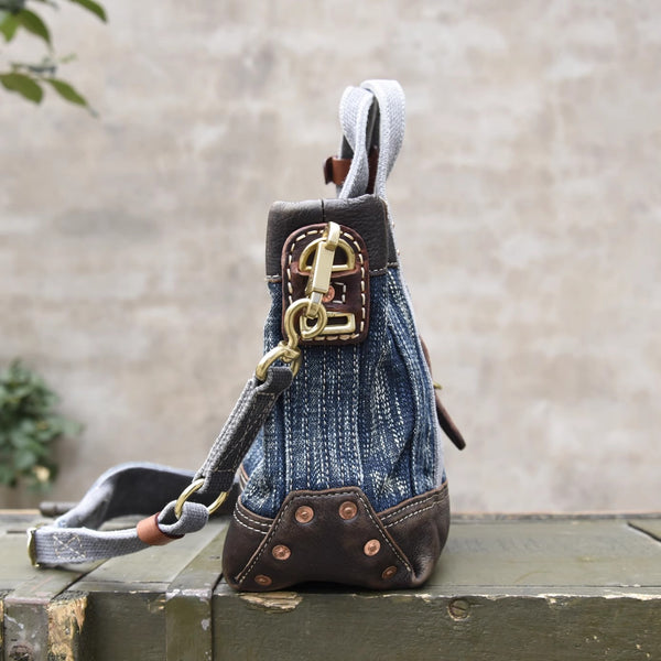 Vintage Denim and Leather Tote Crossbody Bag Washed Canvas Patchwork Small Handbag for Women Casual