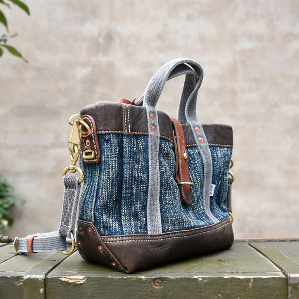 Vintage Denim and Leather Tote Crossbody Bag Washed Canvas Patchwork Small Handbag for Women Nice Chic