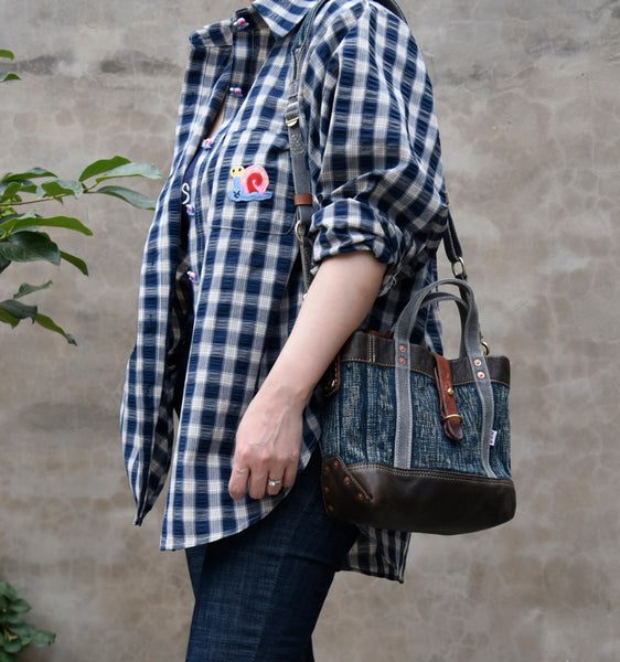 Vintage Denim and Leather Tote Crossbody Bag Washed Canvas Patchwork Small Handbag for Women Classic