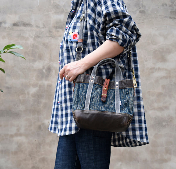 Vintage Denim and Leather Tote Crossbody Bag Washed Canvas Patchwork Small Handbag for Women Cool