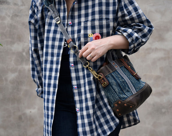 Vintage Denim and Leather Tote Crossbody Bag Washed Canvas Patchwork Small Handbag for Women Designer