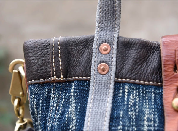 Vintage Denim and Leather Tote Crossbody Bag Washed Canvas Patchwork Small Handbag for Women Durable