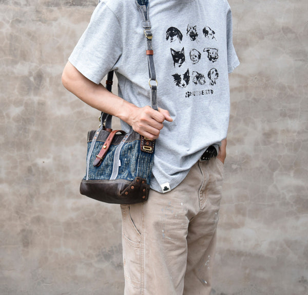 Vintage Denim and Leather Tote Crossbody Bag Washed Canvas Patchwork Small Handbag for Women Elegant