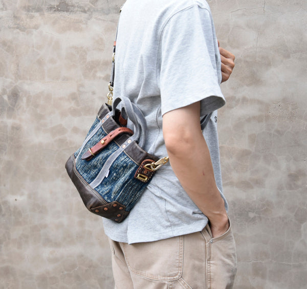 Vintage Denim and Leather Tote Crossbody Bag Washed Canvas Patchwork Small Handbag for Women Fashion
