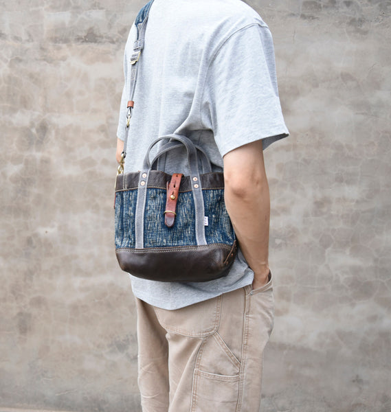 Vintage Denim and Leather Tote Crossbody Bag Washed Canvas Patchwork Small Handbag for Women Fashionable