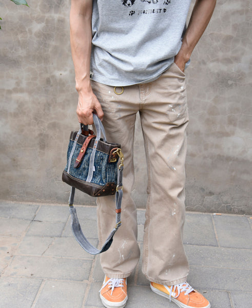 Vintage Denim and Leather Tote Crossbody Bag Washed Canvas Patchwork Small Handbag for Women Gift-idea