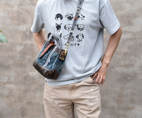 Vintage Denim and Leather Tote Crossbody Bag Washed Canvas Patchwork Small Handbag for Women Gift