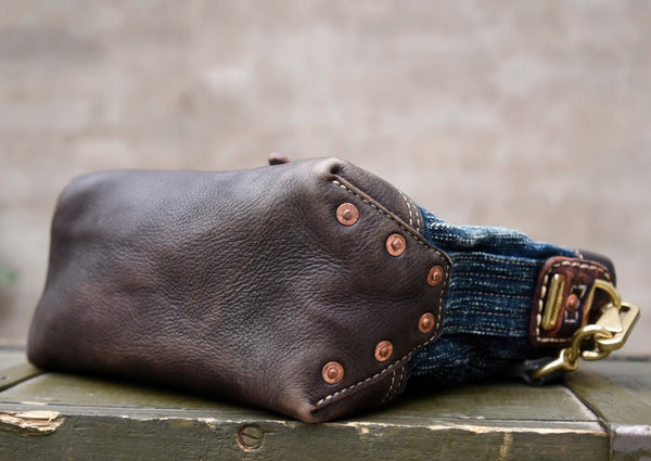 Vintage Denim and Leather Tote Crossbody Bag Washed Canvas Patchwork Small Handbag for Women Handmade